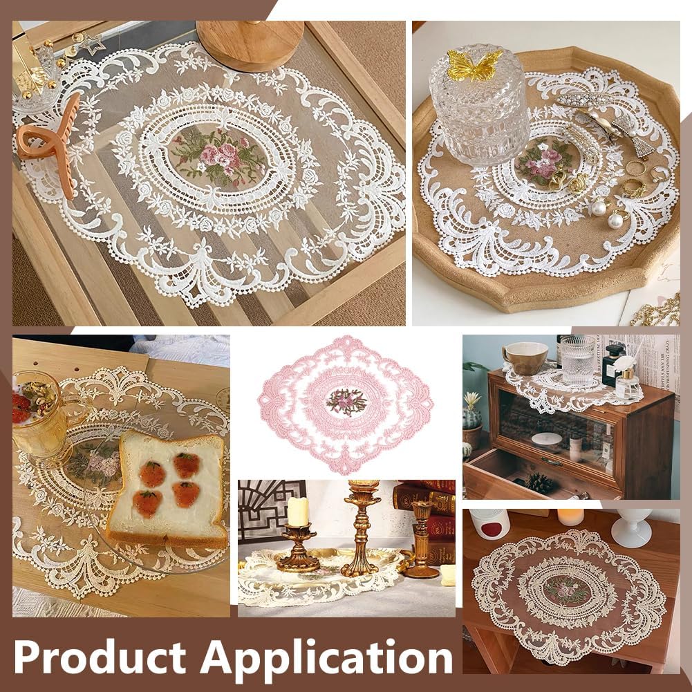 BENECREAT 6pcs 8.43 Inch Pink Retro Lace Placemats, 10.47 Inch Oval Embroidered Table Mats Lace Doily for Home Wedding Coasters Cup
