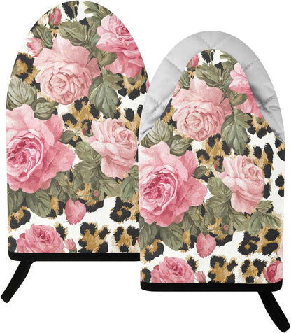 Oven Mitt 2 Pack Set Leopard Print Pink Rose Flowers Kitchen Mitts Gloves for for Cooking Baking Grilling
