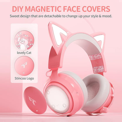 SOMIC Cat Ear Headphones, 2.4G/Bluetooth Wireless Gaming Headset for PS5, PS4, PC with RGB Lights and Retractable Mic, 10Hrs Playtime, 7.1 Surround Sound for Laptop, Smartphone-GS510 Pro - Pink
