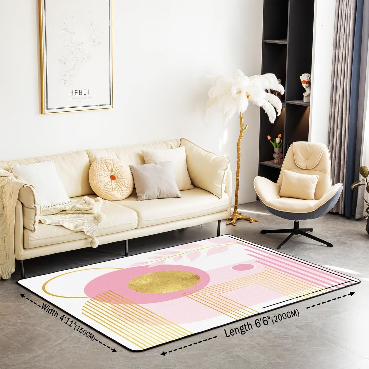 Erosebridal Pink and White Abstract Boho Area Rug 4'11" x 3'3" Minimalist Aesthetic Neutral Carpet Mid Century Modern Indoor Floor Mat Botanical Leaves Geometric Decorative Washable Rug