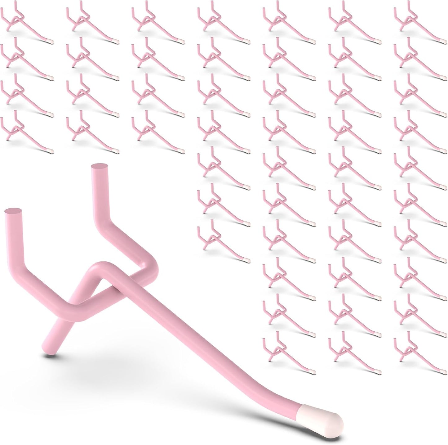 50-Pack Pink Pegboard Hooks 2 Inch - Fits 1/8 and 1/4 Inch Boards | Decorative Metal Peg Board Hangers with Rubber Safety Tips - Heavy Duty Organizer for Craft Room, Garage & Retail Display