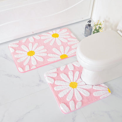 QJHOMO Toilet Rugs U Shaped, Pink Toilet Mat Cute Daisy Contour Bath Rug 20"x20", Extra Thick Soft Machine Washable Toilet Carpet, Non Slip Bathroom Floor Mats Super Absorbent Microfiber Bath Rugs