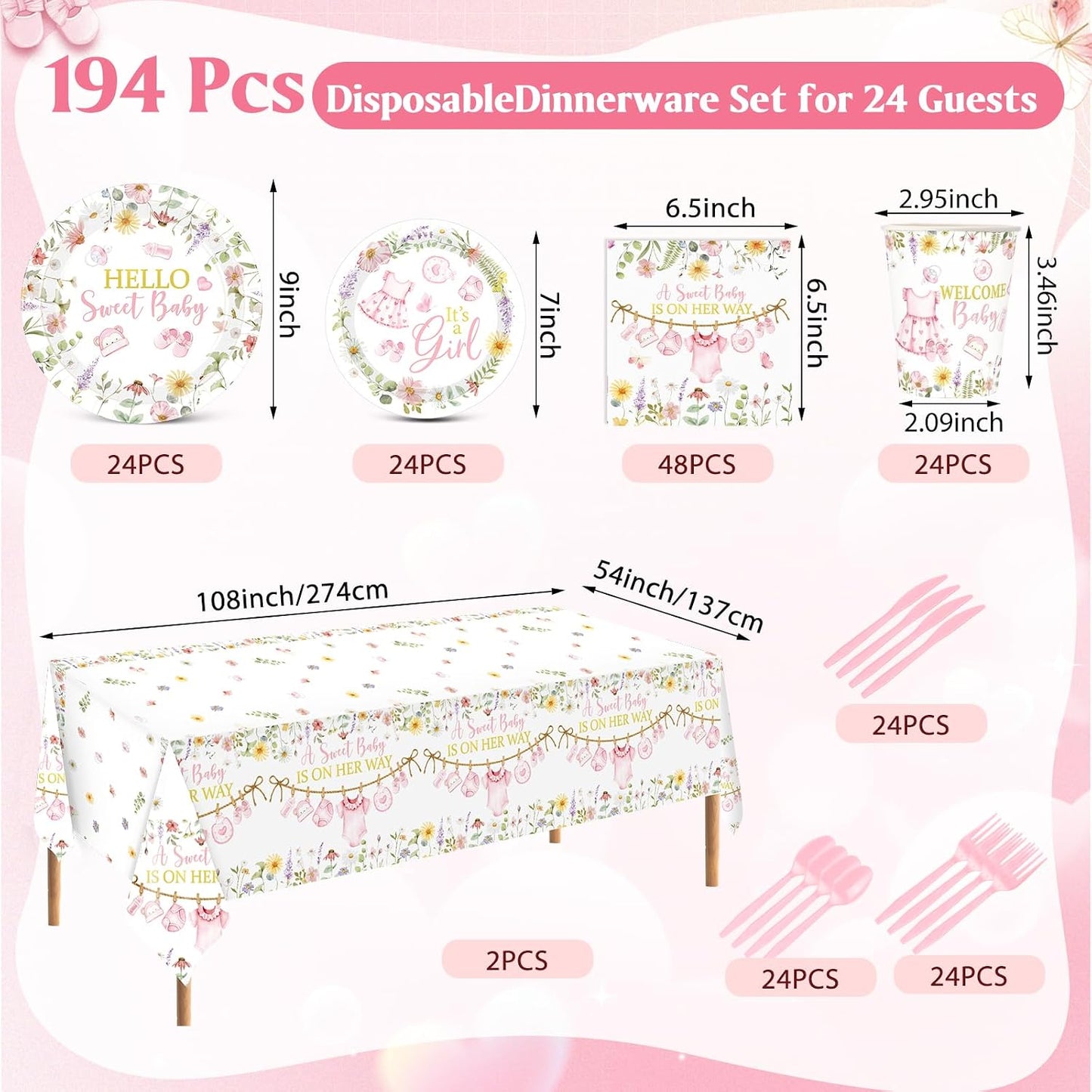 Pickmesh 194 Pcs Floral Baby Shower Girl Decorations for 24, Pink Baby Shower Paper Plates and Napkins Cups Tablecloth Cutlery for Spring Babys in Bloom It's a Girl Gender Reveal Party Supplies