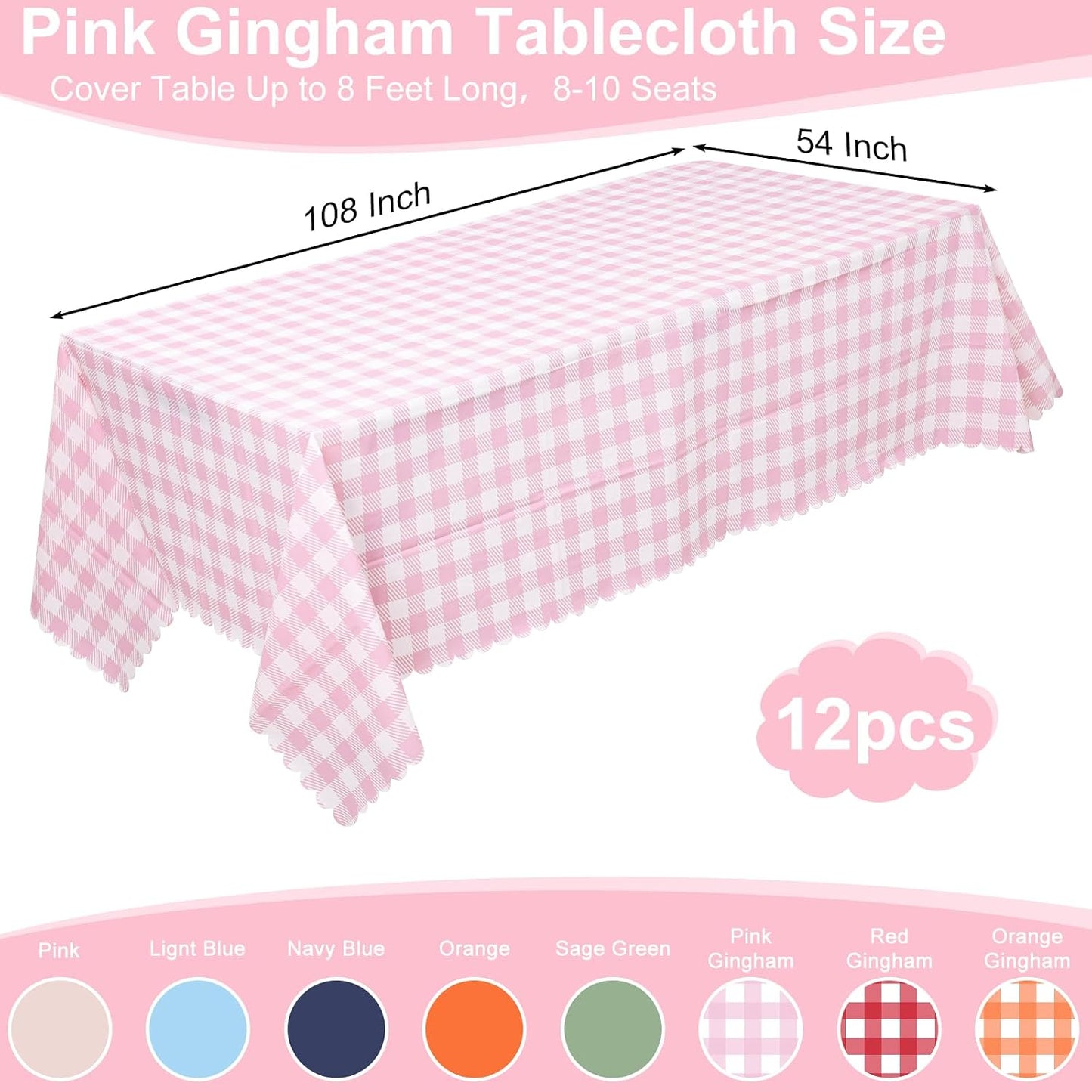 NatNarr 12 Pack Pink Gingham Tablecloths, 54 X 108Inch Scalloped Pink and White Checkered Table Cloth, Disposable Party Table Covers for Wedding Picnic Birthday Baby Bridal Shower Anniversay