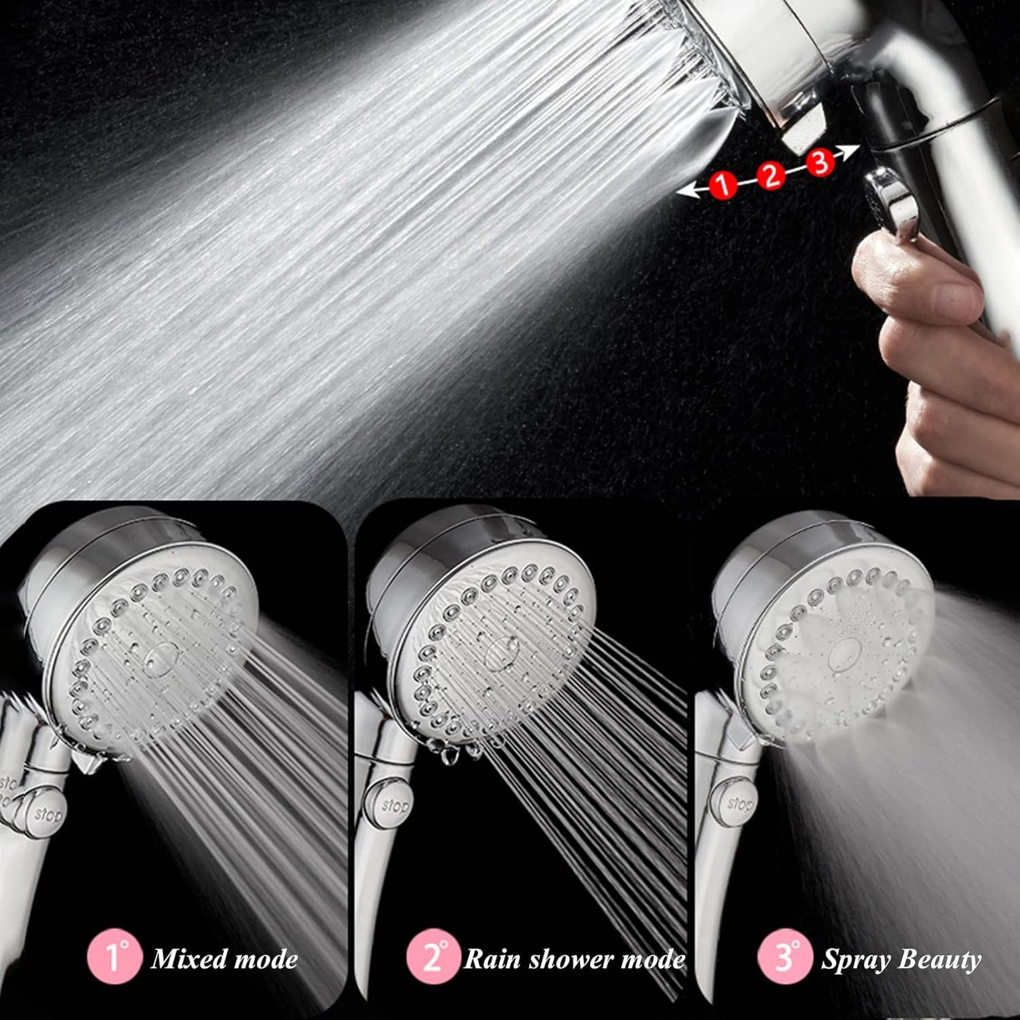 Shower Head, High Pressure Rainfall Shower Head with Stop Button, 3-Mode Adjustable Water Saving Shower Trim Kit