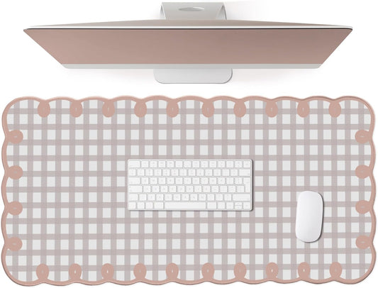 Cute Pink Scalloped Desk Mat Kawaii Pastel Retro Checkered Large Mouse Pad Boho Aesthetic Vintage Stitched Nonslip Pad Office Girl Women Desk Decor Computer Keyboard & Mouse 31 * 15.7in