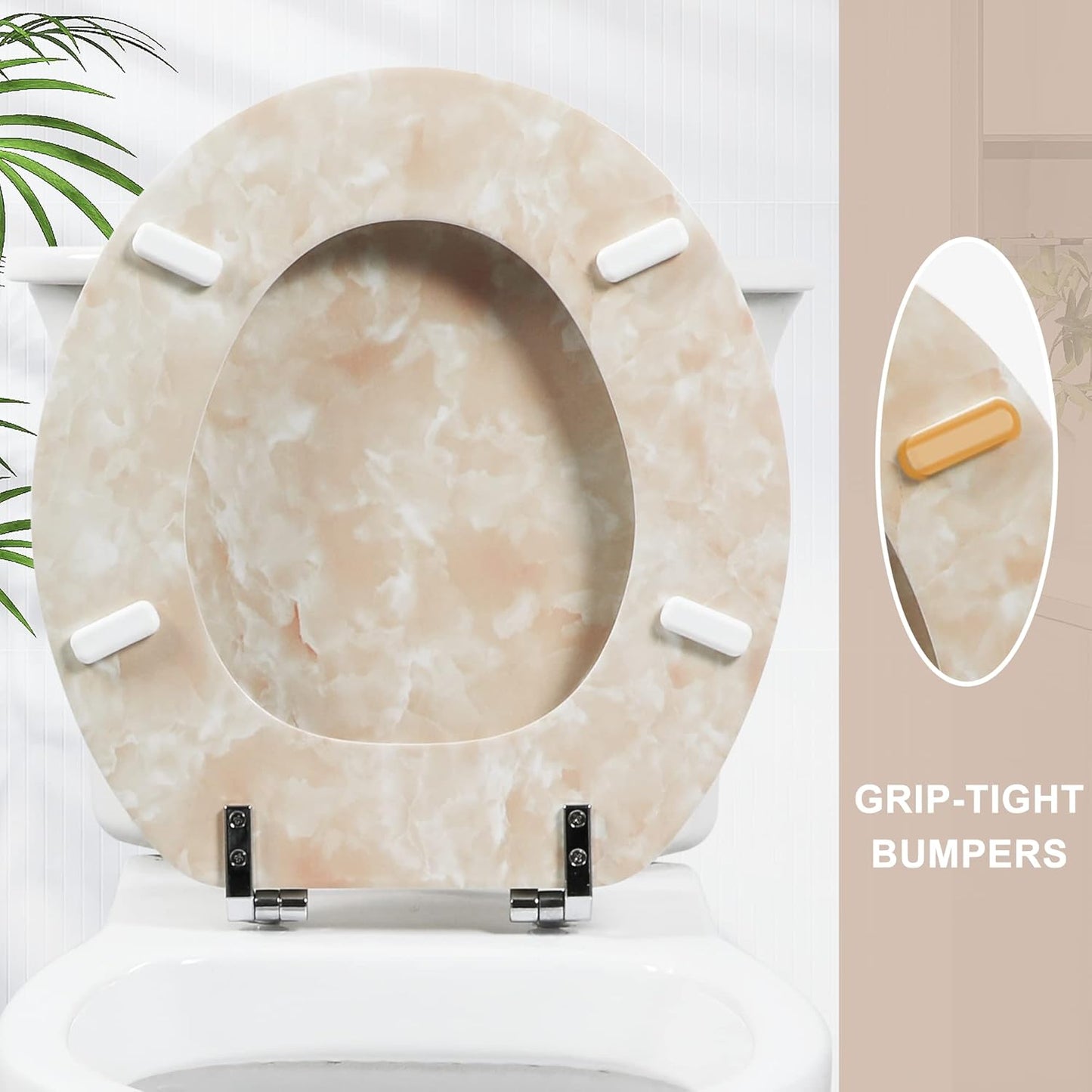 Round Toilet Seat Natural Wood Toilet Seat with Zinc Alloy Hinges, Easy to Install also Easy to Clean, Anti-pinch Marble Toilet Seat by Angol Shiold (Round, Beige Pink)