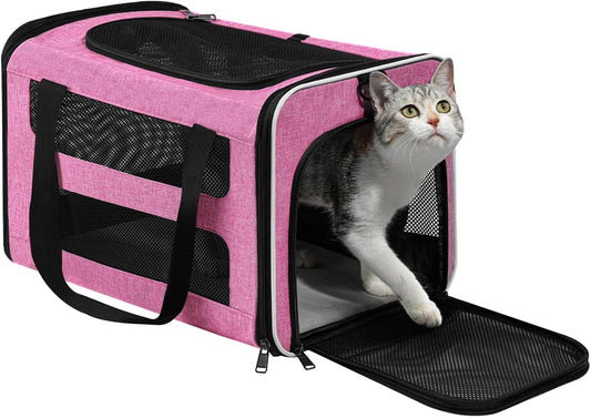 Cat Carrier Soft-Sided Travel Bag for Medium to Large Cats Over 15lbs, Small Dog Carrier Crate Top Entry Breathable Mesh Puppy 12 Pounds, Pet Rabbit Carrying Cage Kennel Collapsible Pink