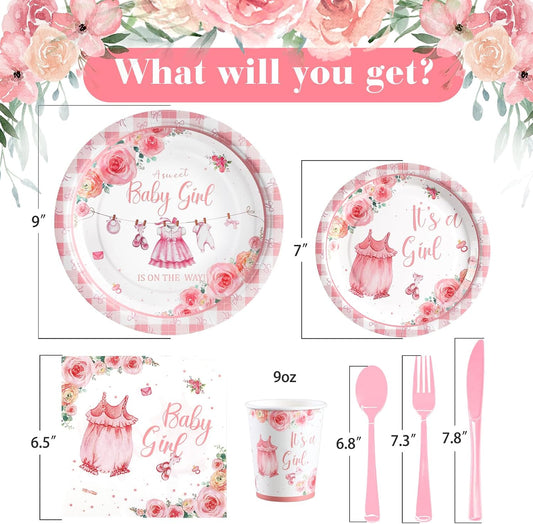 168Pcs Baby Shower Decorations for Girl, Pink Floral Baby Shower Party Tableware Serves 24,A Sweet Little Girl is on The Way Plates Sets for Gender Reveal Birthday Party Decorations