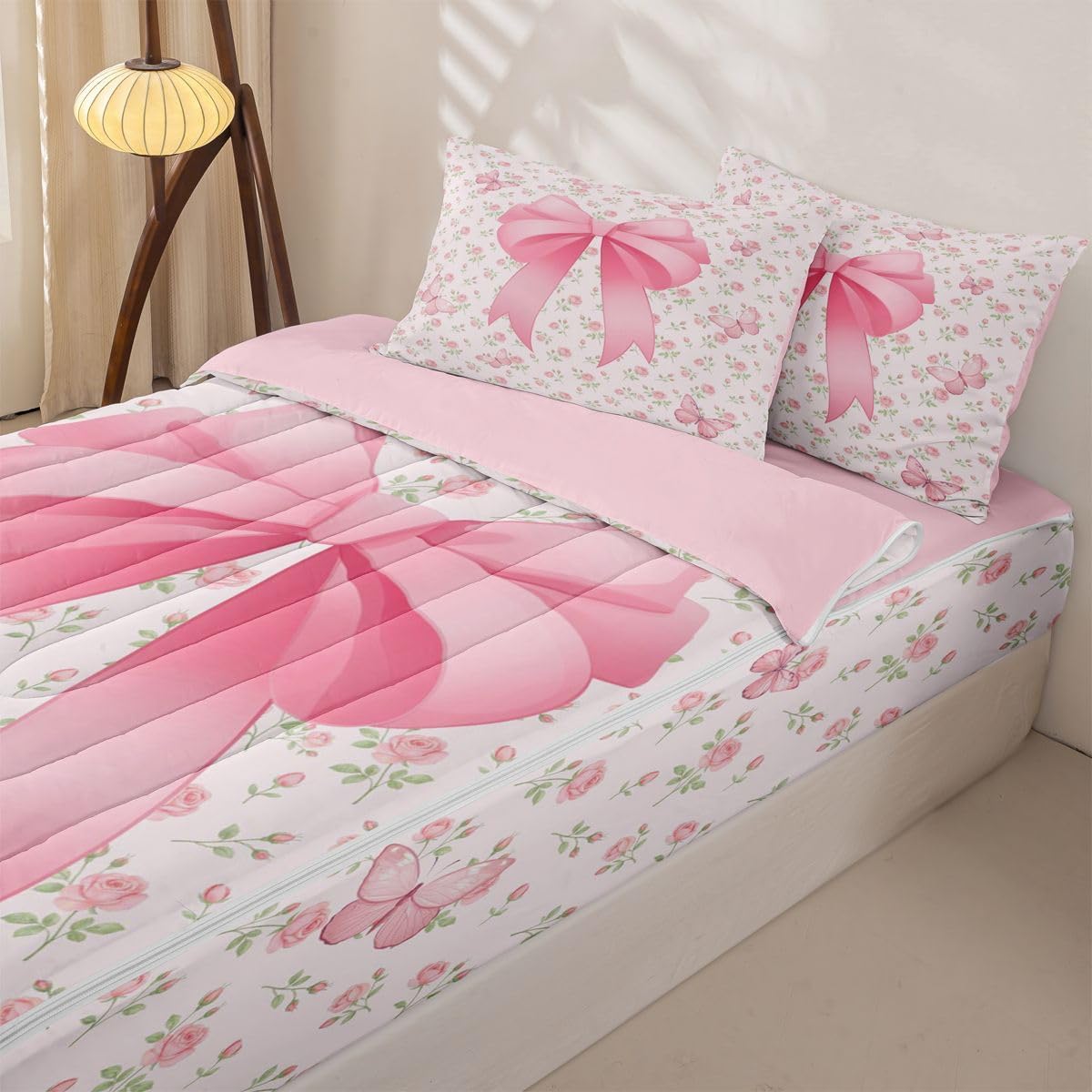 Feelyou Cute Bow Comforter Set Queen Size Zipper Bedding Set for Girls Boys Floral Butterfly Comforter with Fitted Sheet, Pillowcases Flower Pink Zipper Bedding Soft Breathable Bed in a Bag
