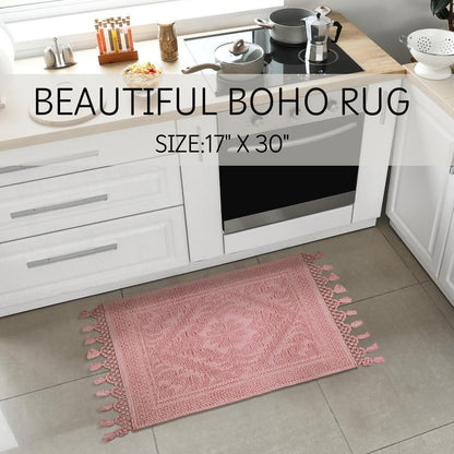 Savi Home Cotton Woven Jacquard Bathroom Rug, Woven Fringe Bathroom Mats, 100% Cotton, Non - Slip Bath Mat, Durable Thick Bath Mat 17”x30” with Fringes, Baby Pink
