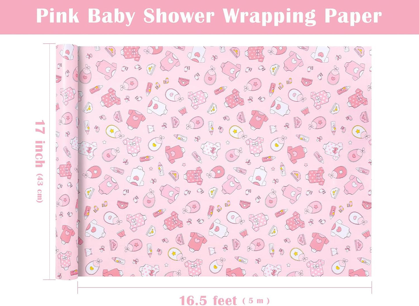 WRAPAHOLIC Pink Baby Shower Wrapping Paper - Mini Roll - 17 Inch x 16.5 Feet - Baby Girl Pink Wrapping Paper with Snapsuit and Bottle Design for Gender Reveal Party, Girls Birthday