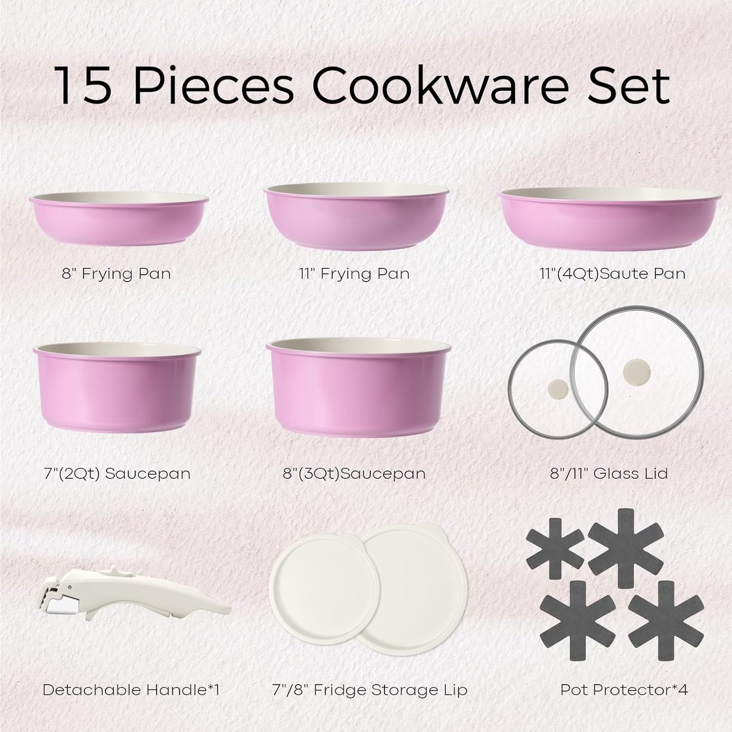 SODAY 15Pcs Pots and Pans Set Non Stick, Cookware Sets with Detachable Handle, Nonstick RV Kitchen Cooking Tools Removable Handles, Oven Safe, Induction Fast, Stackable Induction Cookware,Black
