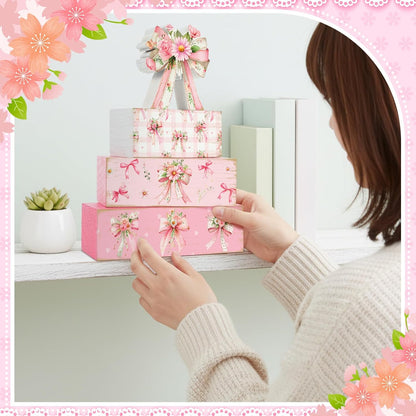 4 Pcs Pink Flower Bow Table Decorations Pink Flower Table Centerpiece Proposal Wedding Wooden Sign Tiered Tray Spring Decor Books Stack Signs Block for Wedding Home Office Decorations Shelf
