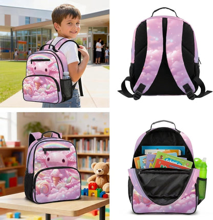 COEQINE Personalized Axolotl Toddler Girls Backpack with Lunch Box Set Mini School Bag for Girls 1st Grade with Water bottle Lightweight Diaper Bag Pink Rainbow Candy