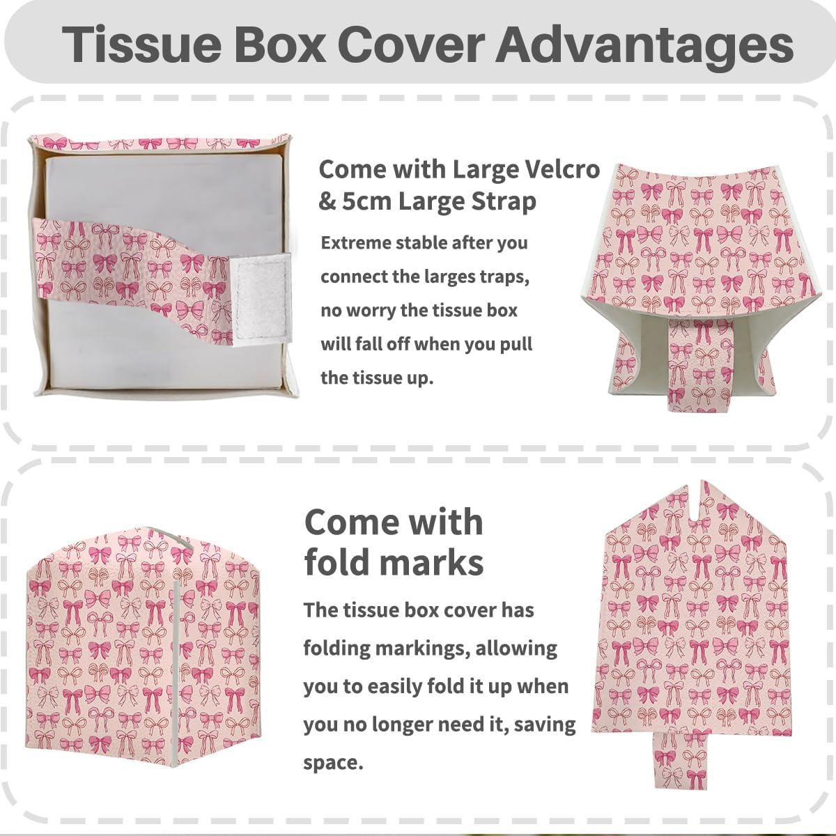 Tissue Box Cover, Tissue Box Holder, Square with Belt Bottom, PU Leather Decorative Organizer for Desk, Tabletop, Countertop Bathroom, Toilet Car, Office, Dresser Bedside, Aesthetic Pink Bow Decor
