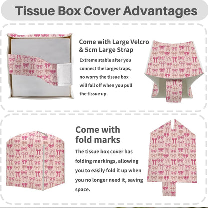 Tissue Box Cover, Tissue Box Holder, Square with Belt Bottom, PU Leather Decorative Organizer for Desk, Tabletop, Countertop Bathroom, Toilet Car, Office, Dresser Bedside, Aesthetic Pink Bow Decor