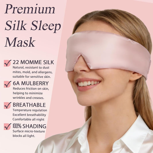 Silk Sleep Eye Mask for Side Sleeper Men Women, Eye Mask Sleeping 100% 22 Momme Pure Mulberry Silk for Night Sleep, Travel, Face-Hugging Padded Eye Cover for Sleeping with Adjustable Band-Pink