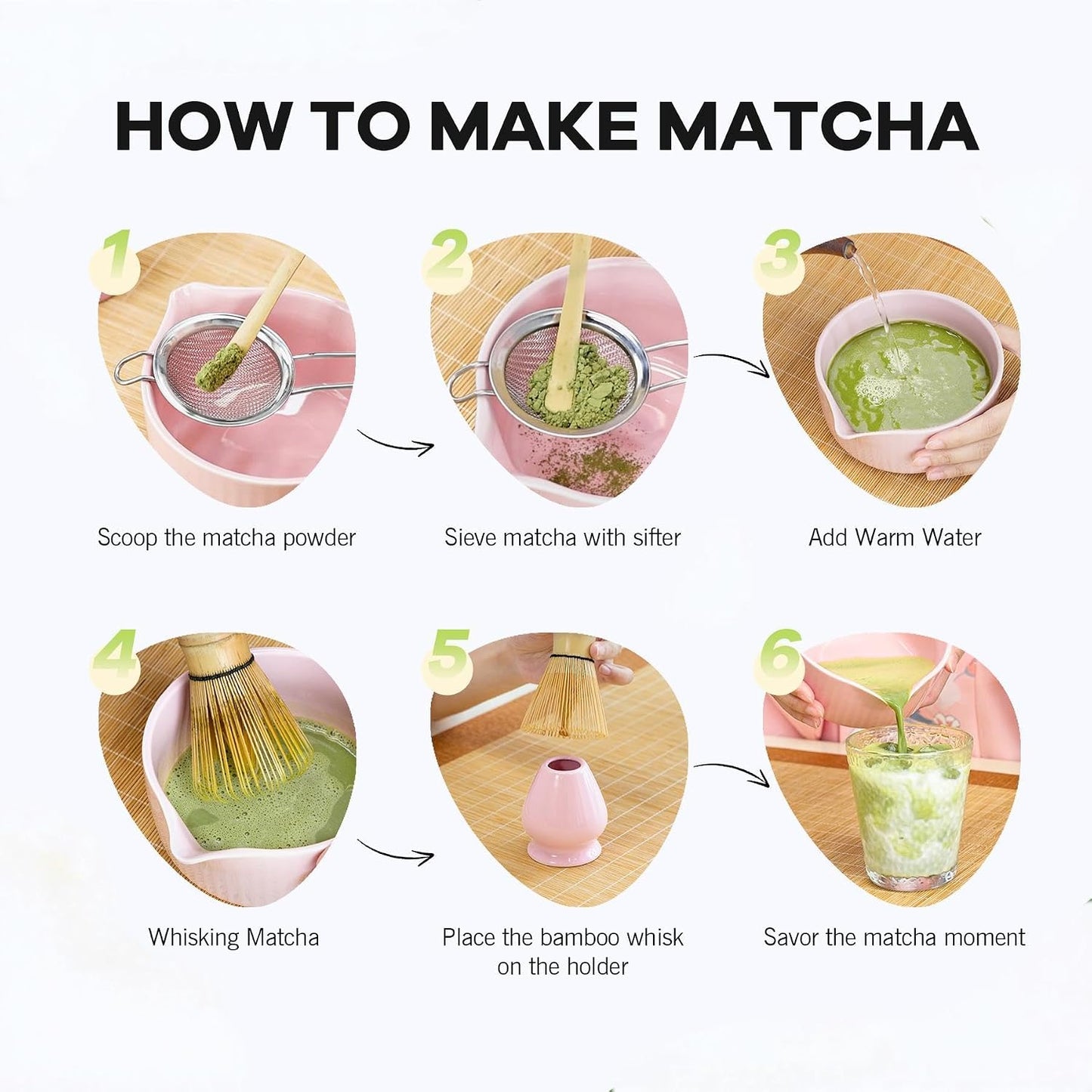 Pink Traditional Matcha Whisk Set, 5 Pcs Japanese Matcha Kit with Chawan Ceramic Bowl with Spout, Chasen Bamboo Whisk and Holder, Scoop, Sifter - Matcha Set Kit Gift for Ceremony Matcha Lattes Lover