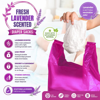 Baby Disposable Diaper Sacks (500 ct.) Lavender Scented, Easy-To-Tie Tabs, Diaper Disposal Pet Waste Bags Bulk Diaper Sacks Dog Poop Bags Cat Waste Bags Sanitary Pads Disposal (500 Bags, Pink)