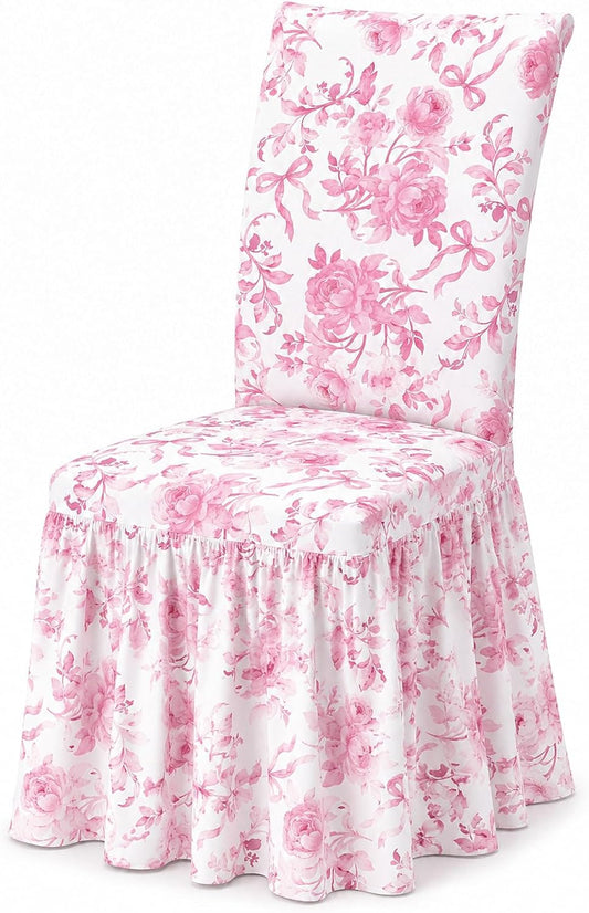 Gerrii Fancy Garden Pink Bow Dorm Chair Cover Coquette Bow Room Decor College Apartment Decor Dining Chair Covers Washable Furniture Protector with Skirt Country Style for Dorm Room Home Bedroom