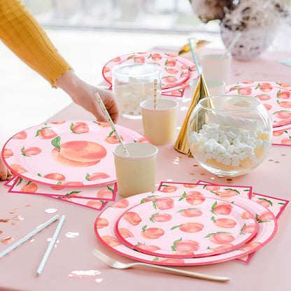 FYSUIMU 72 Pcs Peach Tableware Set Watercolor Pink Peach Fruit Disposable Plates and Paper Napkins for 24 Guests Summer Birthday Baby Shower Party Table Supplies