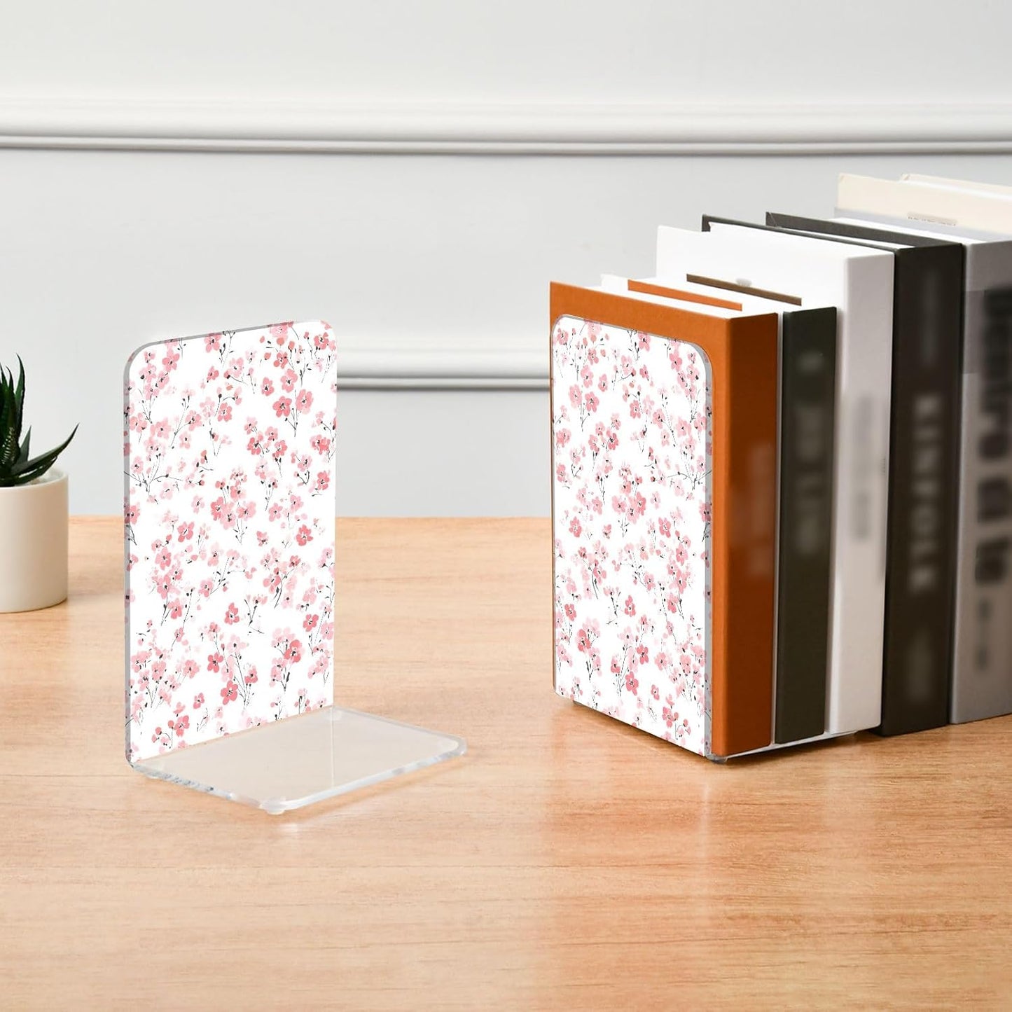Light Pink Small Floral 3 Bookends Book Ends for Shelves Heavy Books Stopper Decorative Acrylic Non-Slip 1 Pair