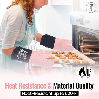Mitts - Long Slip Resistant Pot Holders - Silicone Oven Mitts - Baking Gloves for Oven - Perfect for Baking, BBQ, Cooking, and Grilling, Oven Mitts Set of 2, 7''x13'' (Pink)