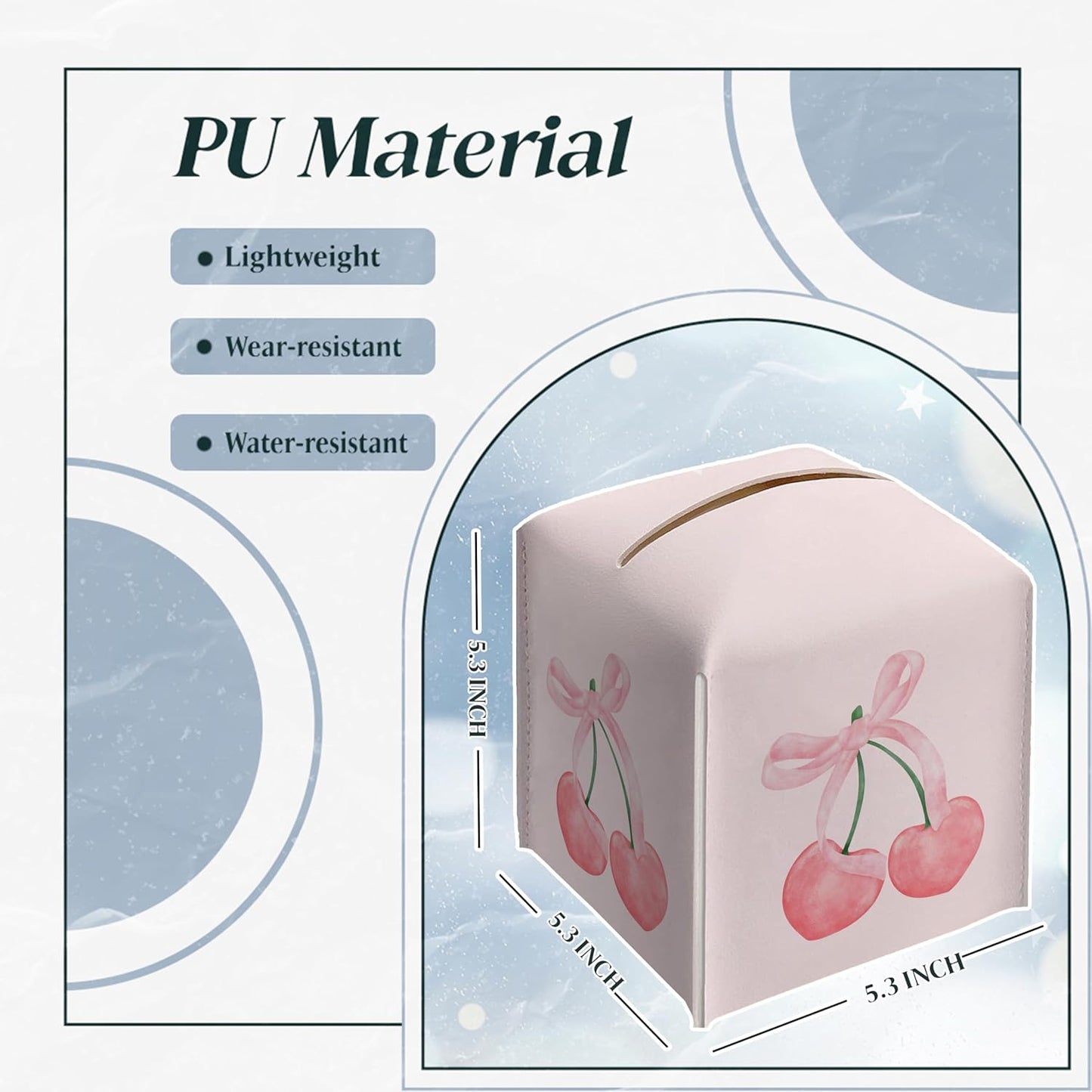 Pink Cherry Tissue Box Cover — Cute Girly Coquette Pink Bow Cherry Decorative Aesthetic Square Faux Leather Tissue Box Holder Dispenser, 5.3x5.3x5.3 Inch
