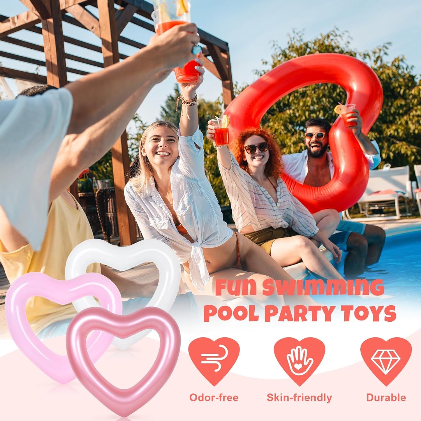 Whaline 3Pcs Inflatable Heart Pool Float Swim Heart Shaped Pool Rings Float Loungers Tube for Summer Swimming Pool Beach Bachelorette Party
