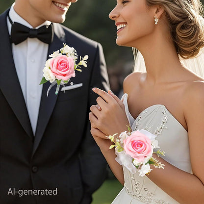 Wrist Corsage and Boutonniere Set, Artificial Rose Corsage Wristlet and Boutonniere for Wedding Prom Party (Pink 1 Boutonniere&1 Wrist Corsage)