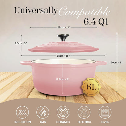 Nuovva Enamelled Cast Iron Dutch Oven Pot with Lid 6.4 Quart Non Stick Casserole Pot-Heavy Duty & Oven Safe up to 500° F for Bread Baking, Braising, Stews, Roasting - 28cm Pink