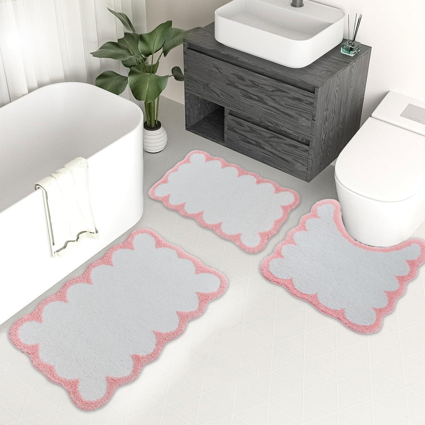 Urltmaji Scalloped Bathroom Rugs Sets 3 Piece, Non-Slip Cute Bath Mat with U-Shaped Contour Quick Dry Absorbent Plush Microfiber Pink Toilet Mats Fun Machine Washable Bath Rug for Sink Tub Shower