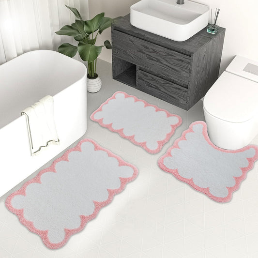 Urltmaji Scalloped Bathroom Rugs Sets 3 Piece, Non-Slip Cute Bath Mat with U-Shaped Contour Quick Dry Absorbent Plush Microfiber Pink Toilet Mats Fun Machine Washable Bath Rug for Sink Tub Shower