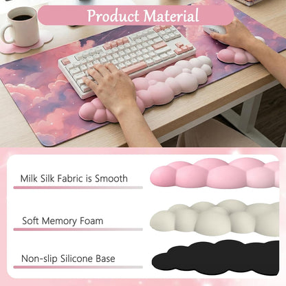 Pink Cloud Large Mouse Pad for Desk Cloud Keyboard Wrist Rest 4PCS Extended Cloud Desk Mat Pad Set Memory Foam Non-Slip Ergonomic Cute Gaming Mouse Pad Wrist Support for Computer Laptop Home Office