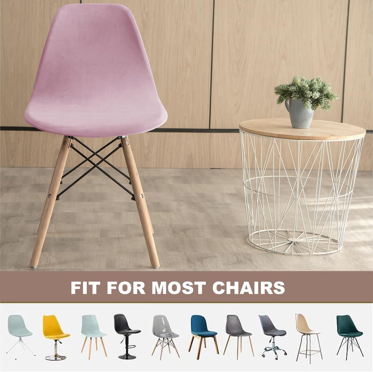 Pack of 4 Velvet Mid Century Modern Dining Chair Covers, Armless Chair Cover,Living Room Side Chair Slipcovers (Pink)