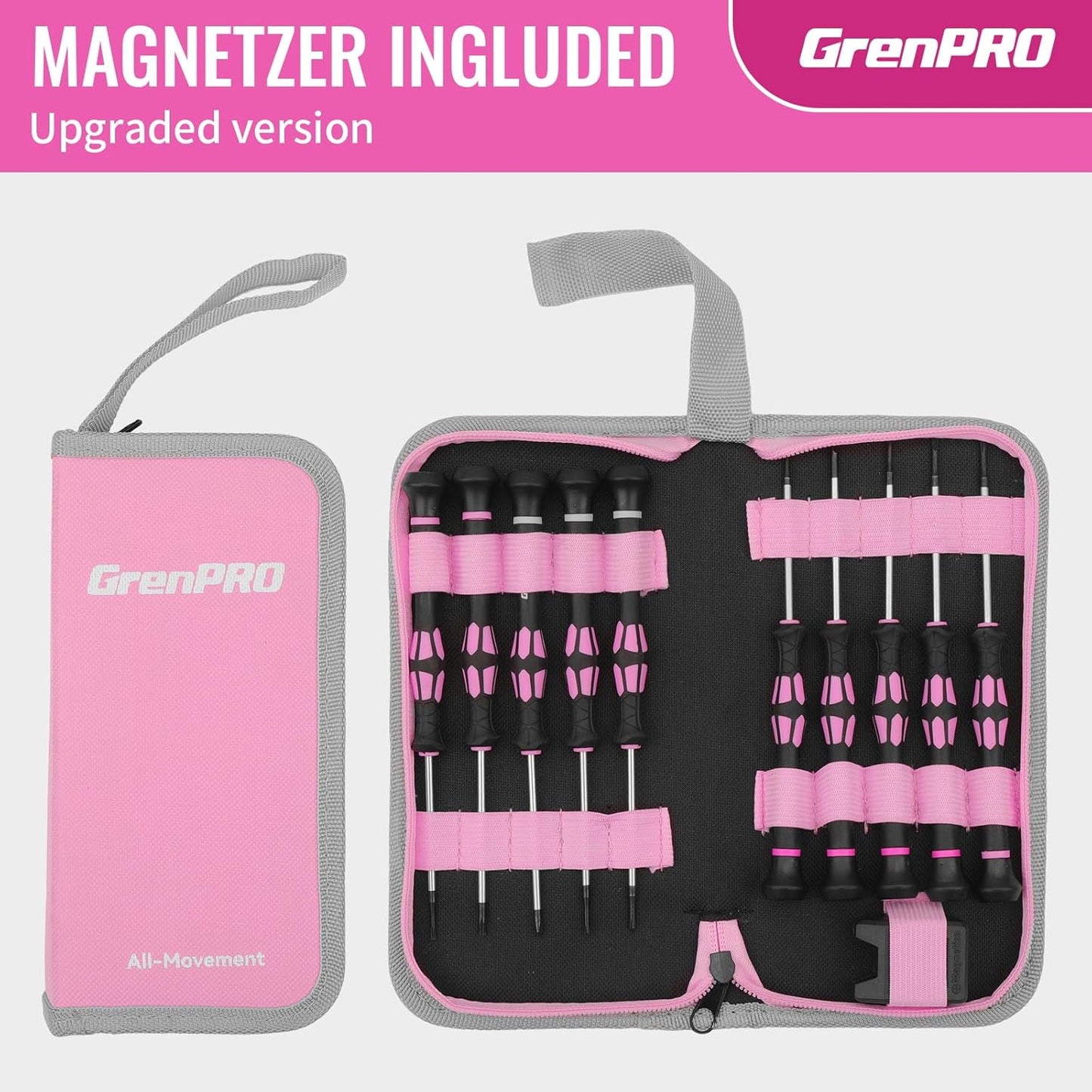 GRENPRO 10-Piece Precision Screwdriver Set, Magnetic Small Screwdrivers with Phillips, Slotted, Torx Star for Eyeglass, Watch, Computer, Laptop, Phone,Pink