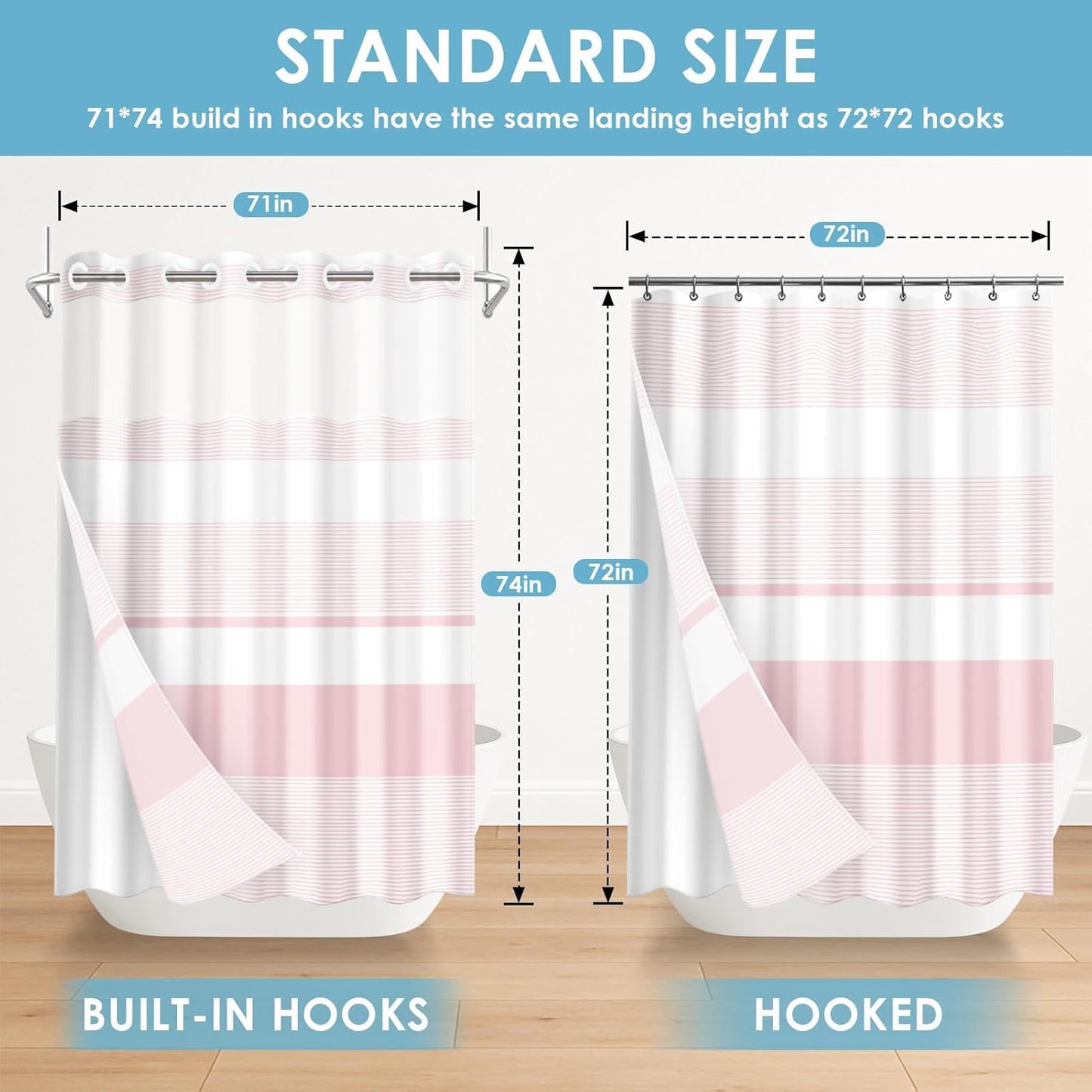 No Hook Pink Shower Curtain with Snap in Fabric Liner Set, Striped Modern Double Layers Waterproof Fabric with See Through Top Window Open Grommet Bath Curtain 71x74 Inch