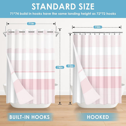 No Hook Pink Shower Curtain with Snap in Fabric Liner Set, Striped Modern Double Layers Waterproof Fabric with See Through Top Window Open Grommet Bath Curtain 71x74 Inch