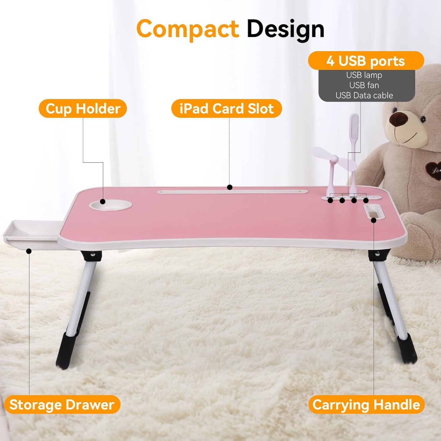 Laptop Bed Tray Table, Laptop Table Stand Desk with Carrying Handle,Storage Drawer/Cup Holder/USB Charge Port/USB Fan/USB Lamp for Studying,Working,Reading,Writing,Pink