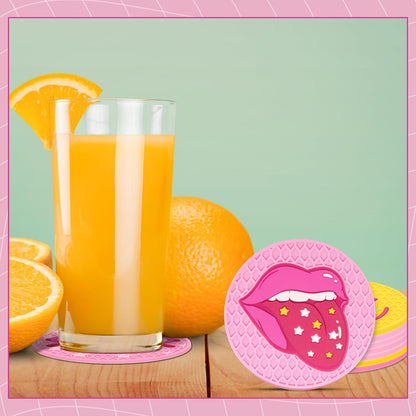 Lallisa 8 Pcs Pink Car Coasters Preppy Cup Holder Coasters Preppy Car Accessories Pink Leopard Smile Face Cup Holder Anti Slip Heat Silicone Mugs Mat for Woman Auto Home Office Table 2.8''