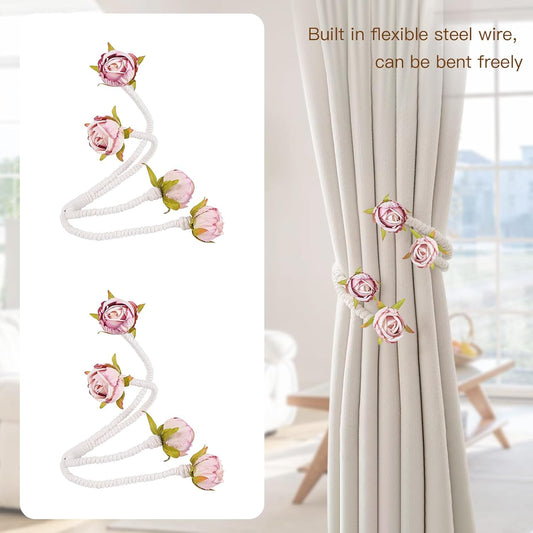 Decorative Pink Rose Curtain Tieback with Artificial Flowers, Pink Roses on White Twisted Rope, Woven Rope Curtain Holdbacks, Elegant Window Treatment 2pcs (2)