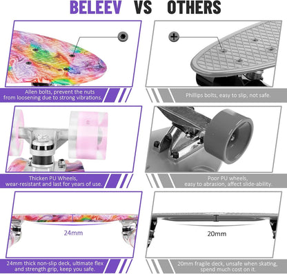BELEEV 22 inch Skateboards for Kids, Cruiser Skateboard for Beginners Girls Boys Teens Adults, Mini Skateboards Classic Complete Skate Board with Skate T-Tool, Max Load 220 LBS