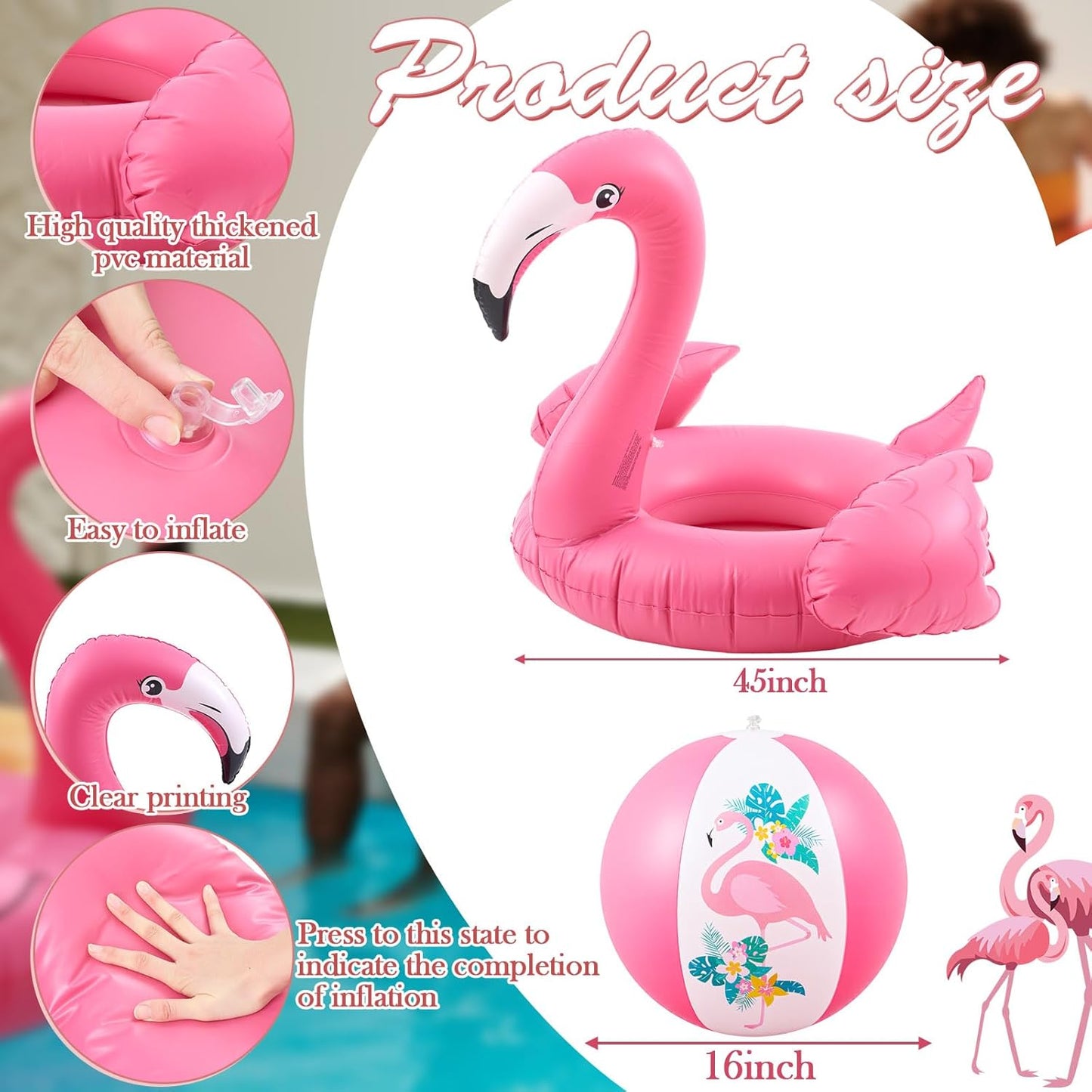 Inflatable Flamingo Pool Float with 2 Beach Balls, 45'' Giant Flamingo Floaties Swimming Tube Rings for Adults, Thick PVC Pink Floating Raft for Summer Pool Party Beach Lake