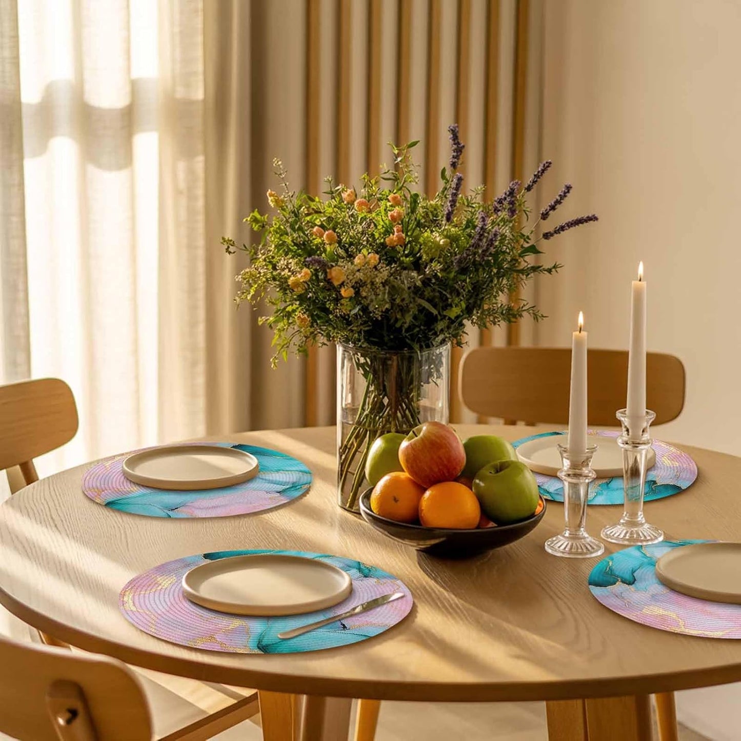 Teal Pink Marble Round Placemats Set of 2 Abstract Ink Painting Modern Luxury Place Mats Indoor Woven Table Mats Washable Heat-Resistance Braided Dining Table Placemats for Kitchen Holiday 15 Inch