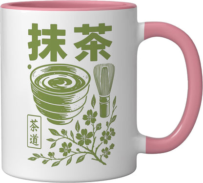 Matcha Tea Ceremony Japanese Green Tea Ceramic Mug, Pink/White