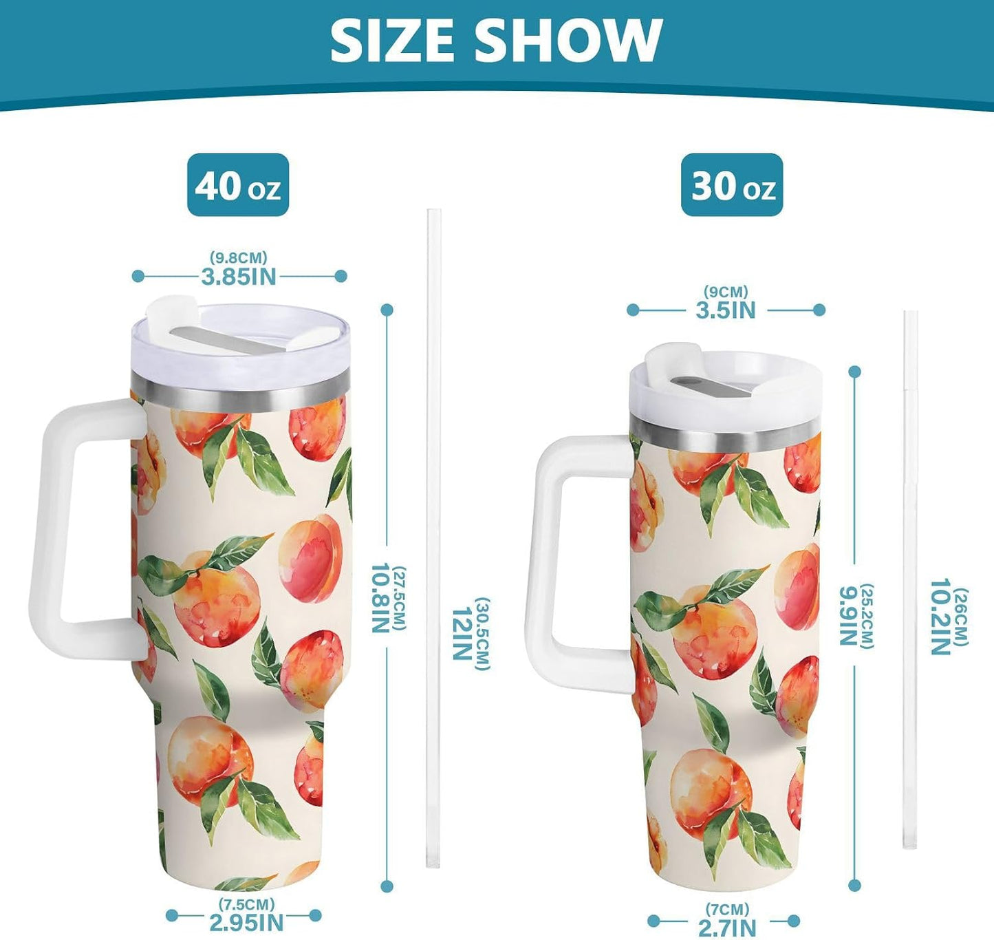 ALAZA Peach Watercolor Fruit Tumbler with Handle and Straw Lid Vacuum Insulated Cup Stainless Steel 30 oz