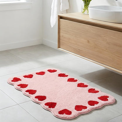 Whaline Valentine' s Day Rug Mat Bathmat 32 x 20 Inch Red Heart Scalloped Pink Absorbent Bathroom Rug for Wedding Anniversary Home Kitchen Living Room Decoration