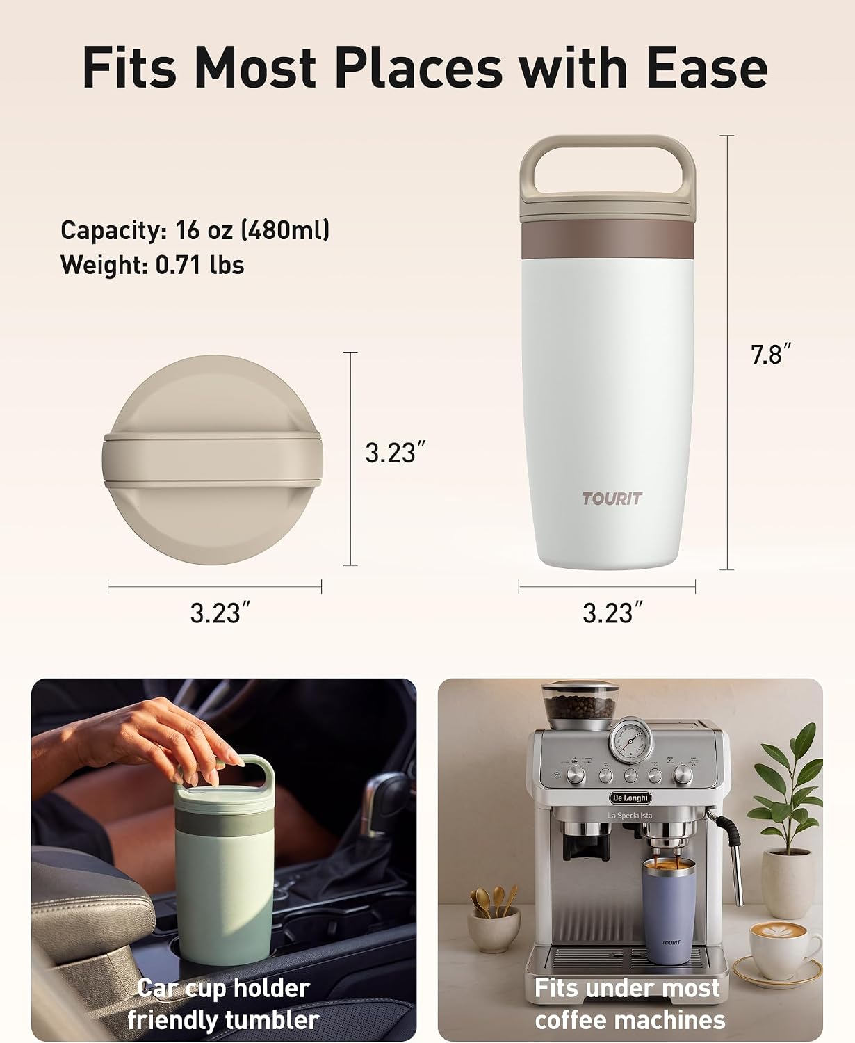 TOURIT Travel Coffee Mug 16 oz, Leakproof 2-Part Drink Lid Coffee Tumbler Cup, Insulated Stainless Steel Travel Mug, Dishwasher Safe Reusable Water Bottle, BPA-Free Coffee Mug, Light pink