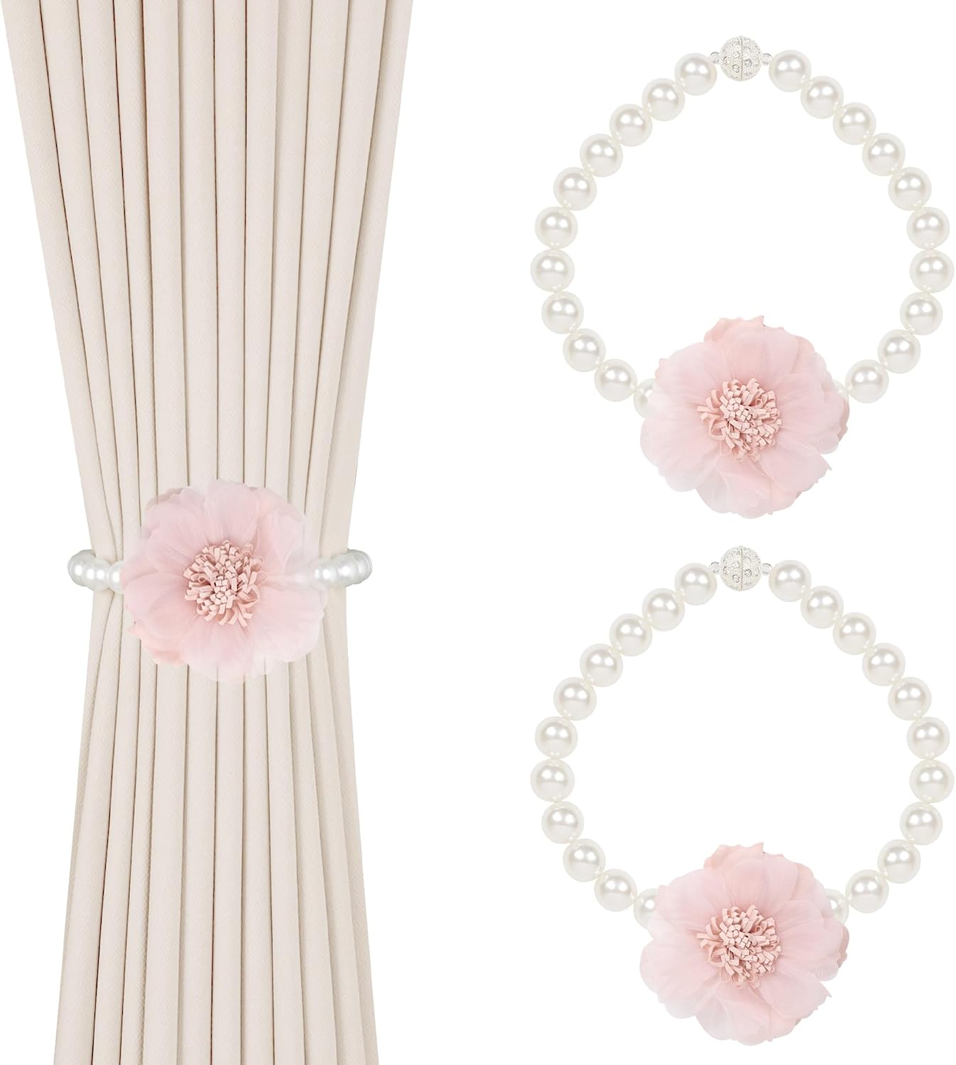 2 Pack of Pearl Magnetic Curtain Tiebacks with Handmade Flower Decorative Curtain Holdbacks Curtain Ties Magnetic Tie Backs for Curtains (2, Pink)